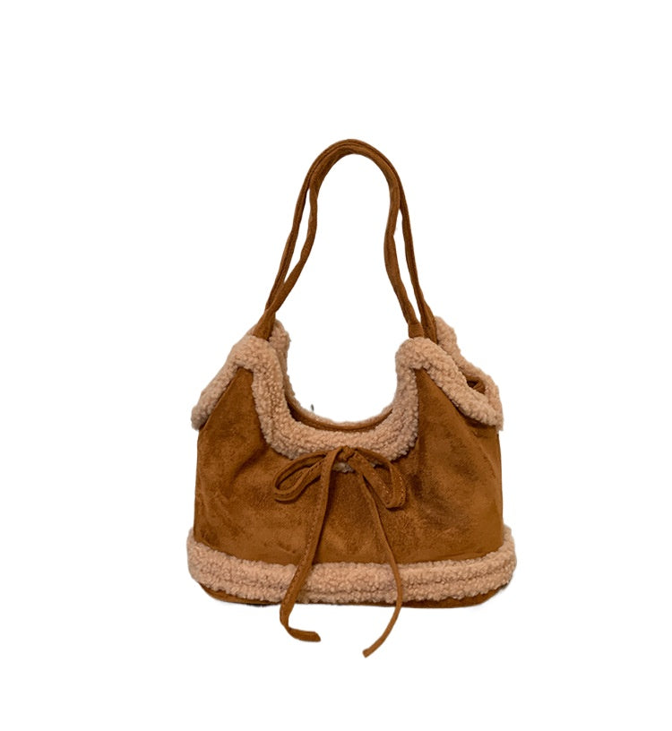 Christmas Plush Large Capacity Red Lamb Fur Bow Cross-body Tote Shoulder Bag Bloomyin