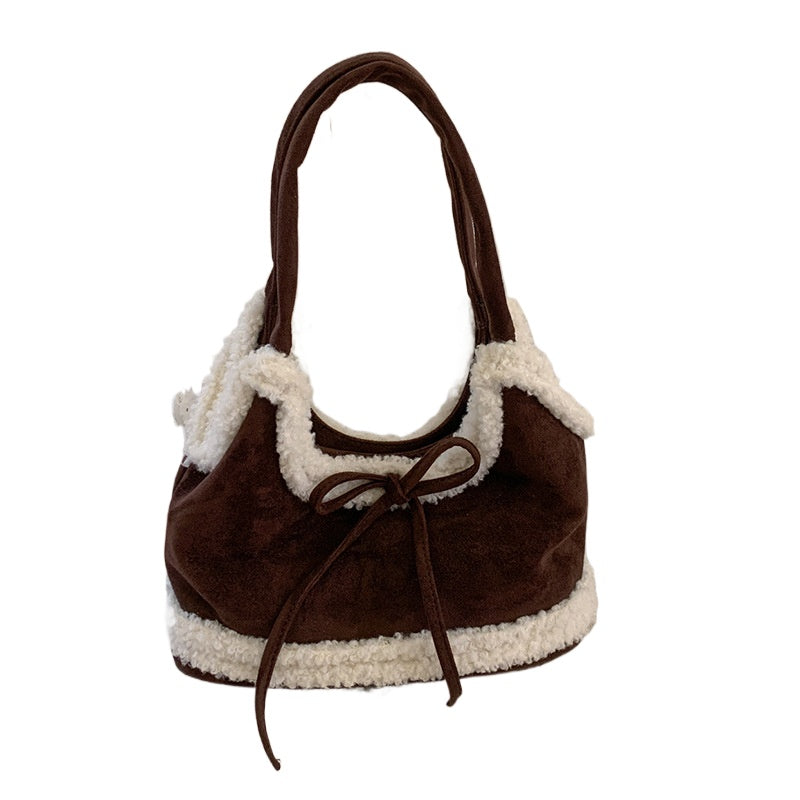 Christmas Plush Large Capacity Red Lamb Fur Bow Cross-body Tote Shoulder Bag Bloomyin