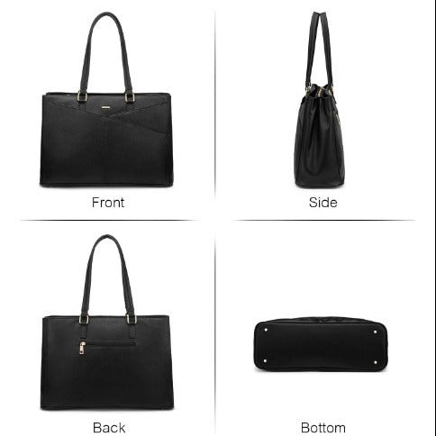 Black JUILIA faux leather tote shown from front, side, back, and bottom angles