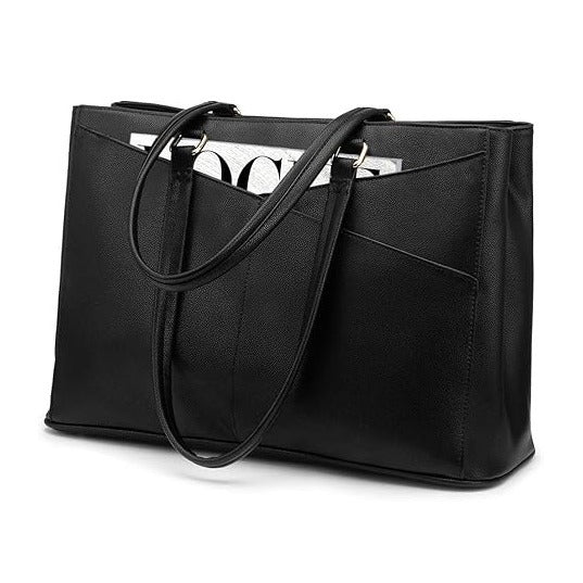 JULIA series-Black faux leather work tote bag with front pocket