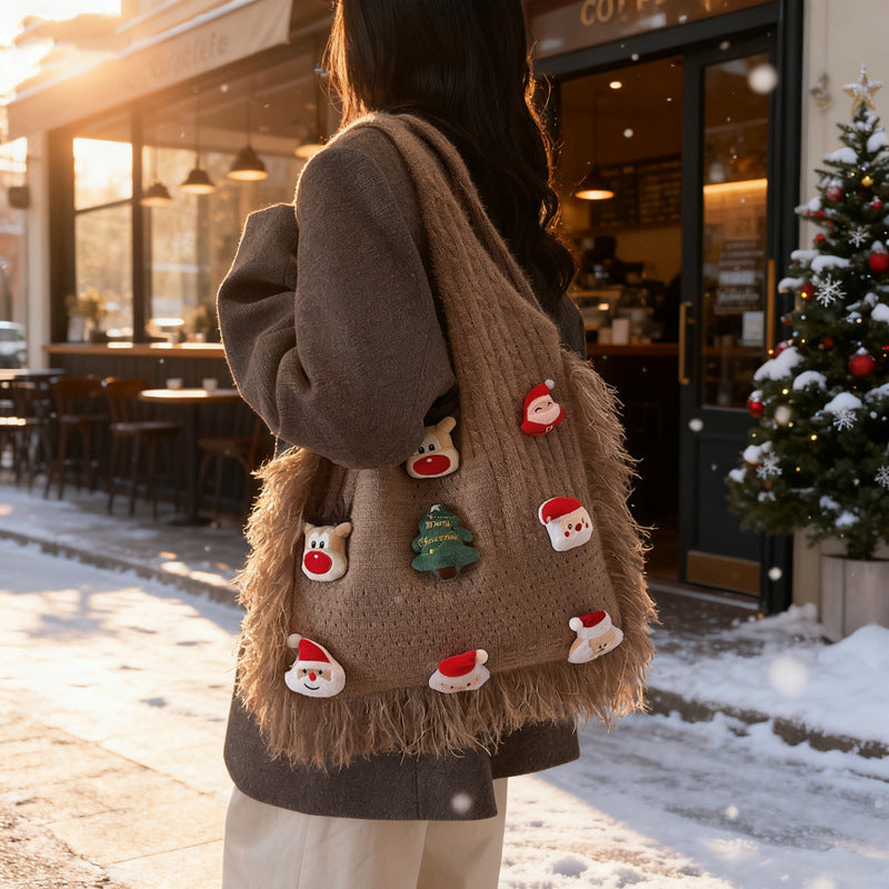 Christmas Vibe Tote Bag – Large Plush Knitted Shoulder Bag with Chill Design Bloomyin