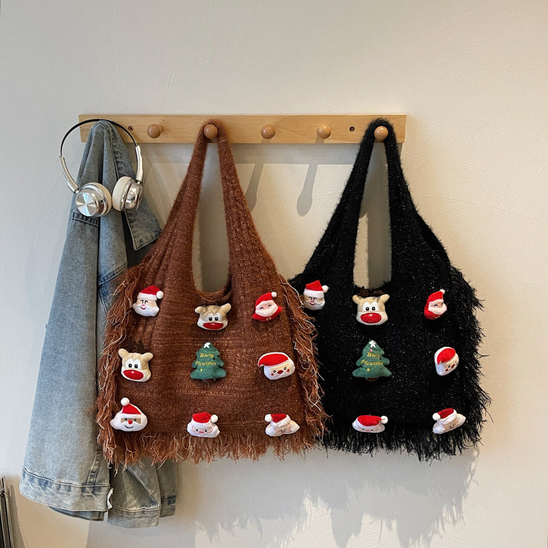 Christmas Vibe Tote Bag – Large Plush Knitted Shoulder Bag with Chill Design Bloomyin