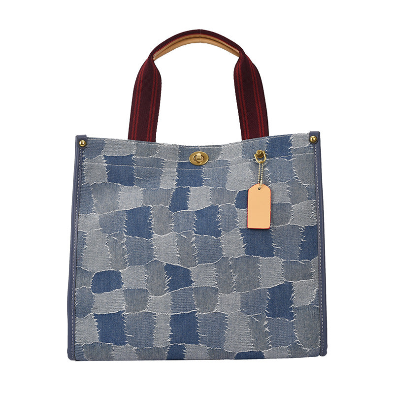 middle size AMANDA blue denim style patterned handbag with red straps