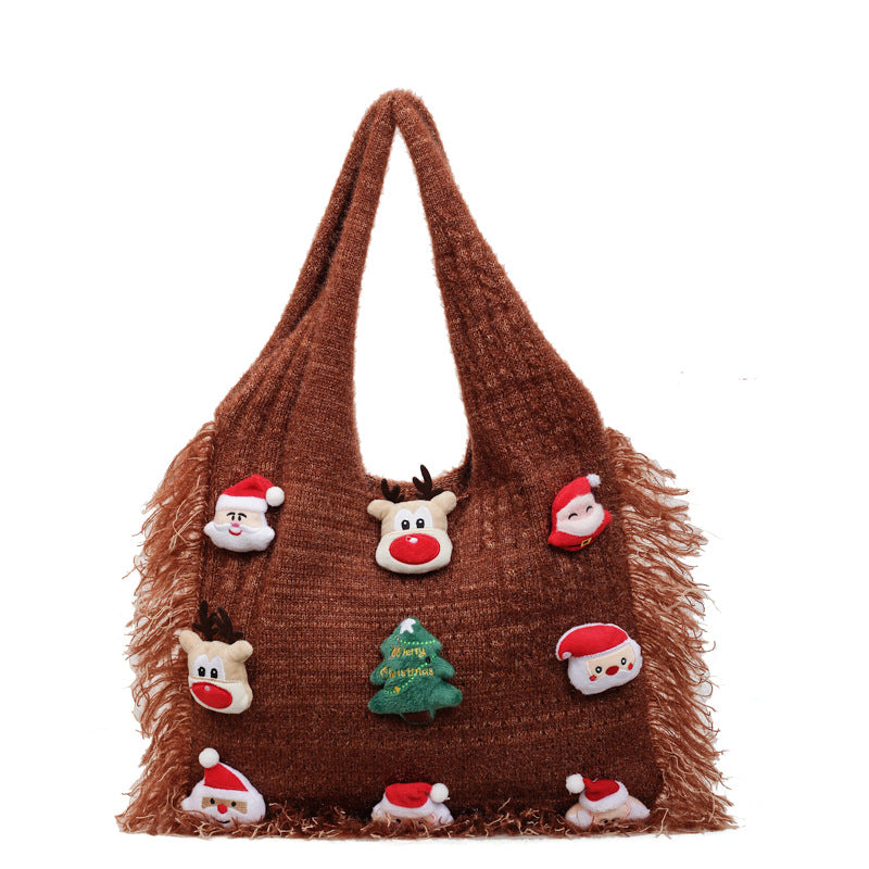 Christmas Vibe Tote Bag – Large Plush Knitted Shoulder Bag with Chill Design Bloomyin