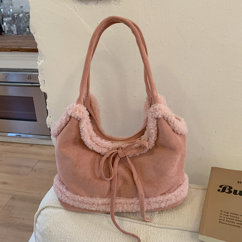 Christmas Plush Large Capacity Red Lamb Fur Bow Cross-body Tote Shoulder Bag Bloomyin