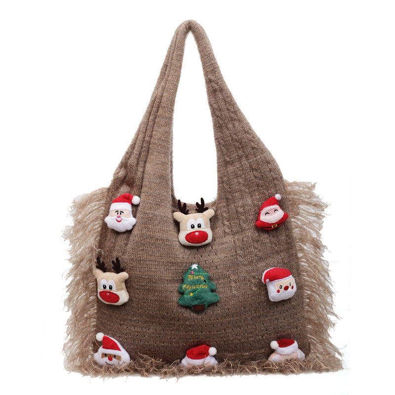 Christmas Vibe Tote Bag – Large Plush Knitted Shoulder Bag with Chill Design Bloomyin