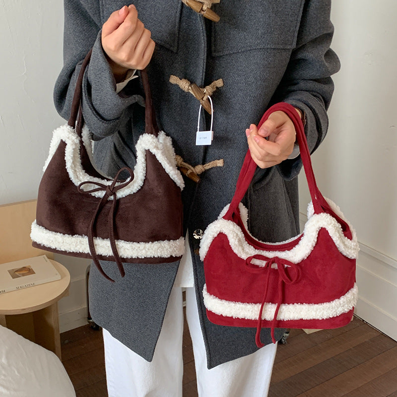 Christmas Plush Large Capacity Red Lamb Fur Bow Cross-body Tote Shoulder Bag Bloomyin