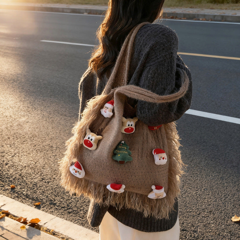 Christmas Vibe Tote Bag – Large Plush Knitted Shoulder Bag with Chill Design Bloomyin