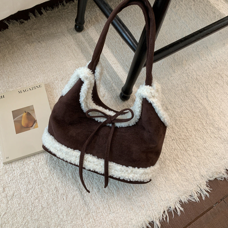 Christmas Plush Large Capacity Red Lamb Fur Bow Cross-body Tote Shoulder Bag Bloomyin