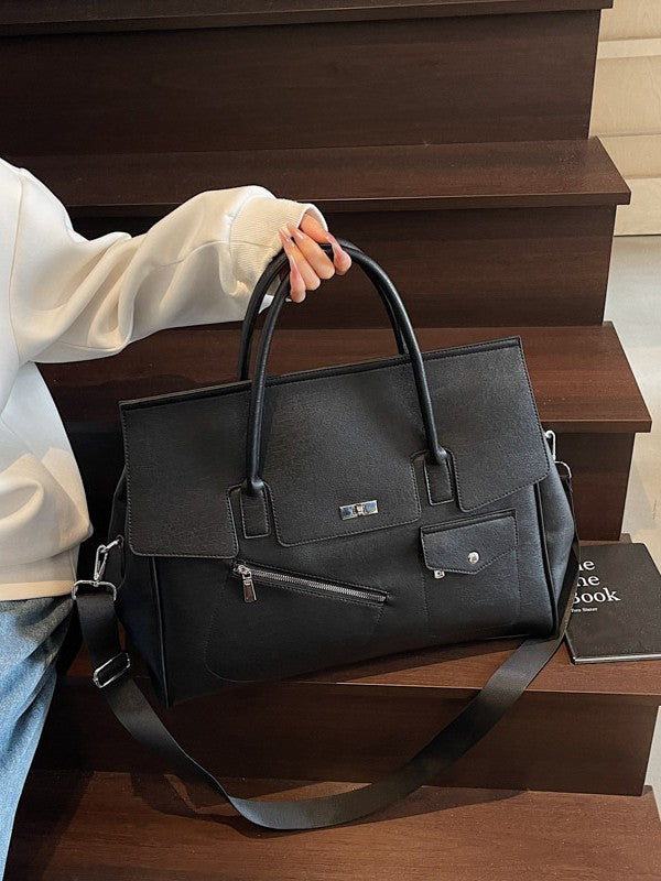 people hoding a black JOEY Large Faux Leather Multi-use Shoulder Tote Bag with a silver clasp