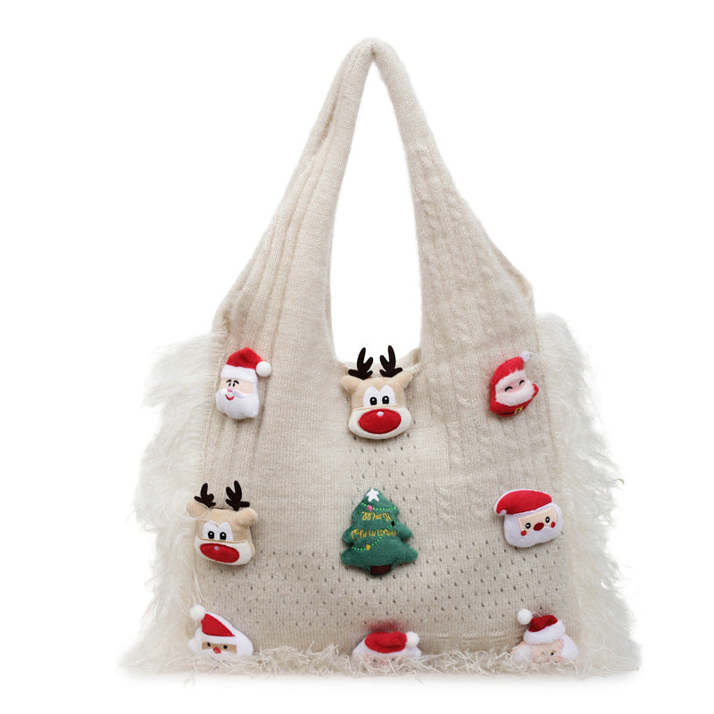 Christmas Vibe Tote Bag – Large Plush Knitted Shoulder Bag with Chill Design Bloomyin