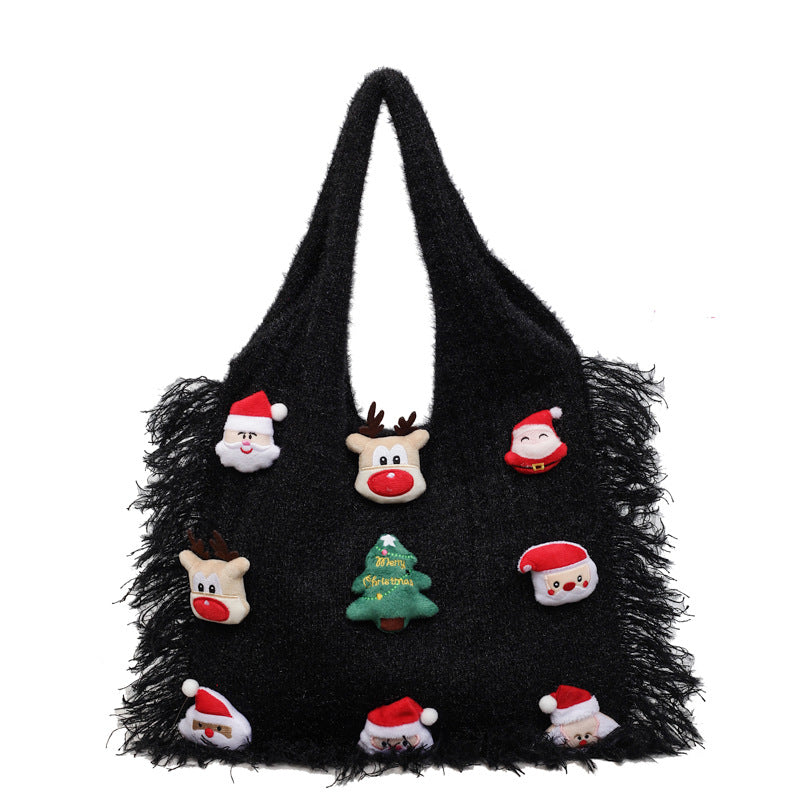 Christmas Vibe Tote Bag – Large Plush Knitted Shoulder Bag with Chill Design Bloomyin