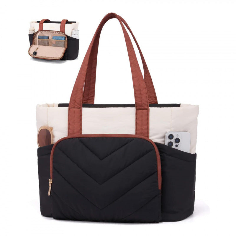 Multi-functional quilted lunch tote bag with black and white design 